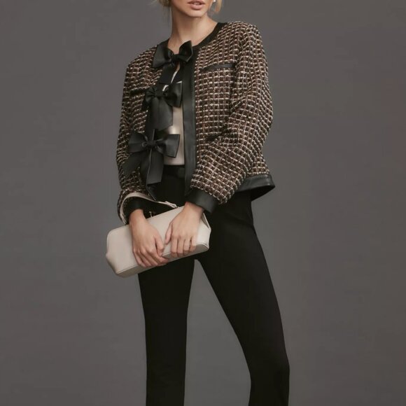 By Anthropologie Faux Leather-Trimmed Tweed Lady Jacket - Picture 5 of 9